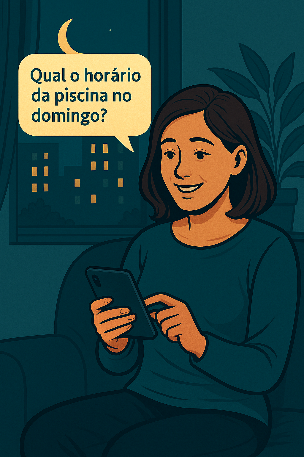 Mulher enviando mensagem à noite